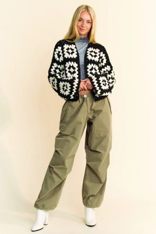 Davi & Dani Full Size Two Tone Flower Square Crochet Open Front Cardigan sold by Charming Charlie