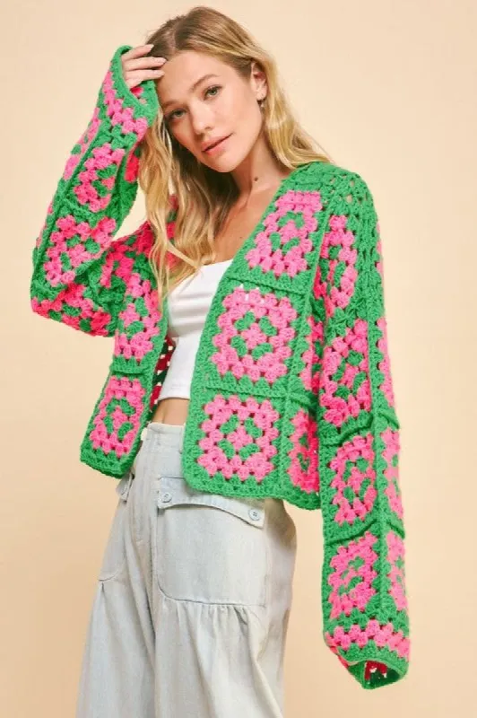 Davi & Dani Full Size Two Tone Flower Square Crochet Open Front Cardigan sold by Charming Charlie