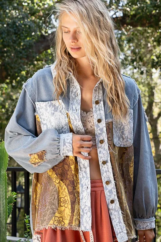 POL Raw Hem Twill Contrast Button Up Shacket sold by Charming Charlie