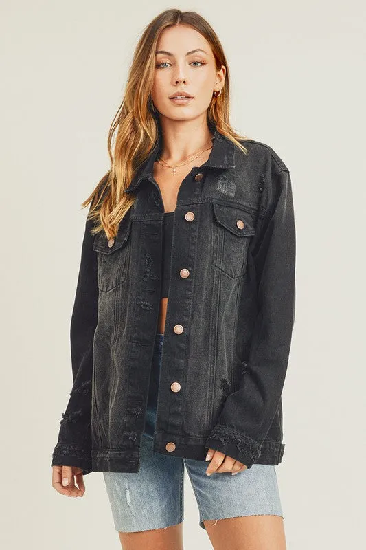 RISEN Full Size Distressed Long Sleeve Denim Jacket sold by Charming Charlie