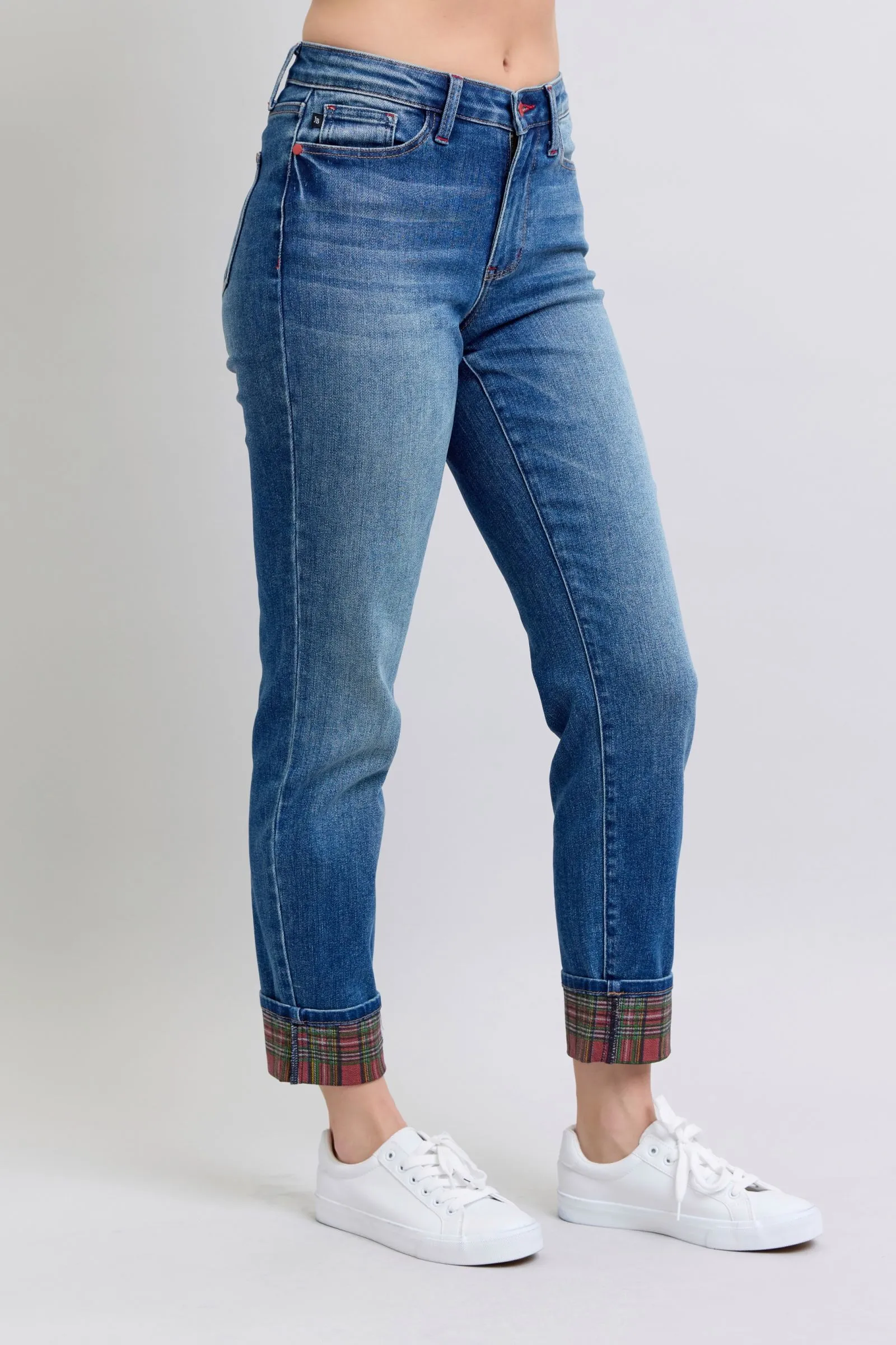 Judy Blue Full Size Plaid Print Cuff Straight Leg Jeans with Pockets sold by Charming Charlie product image thumbnail 4
