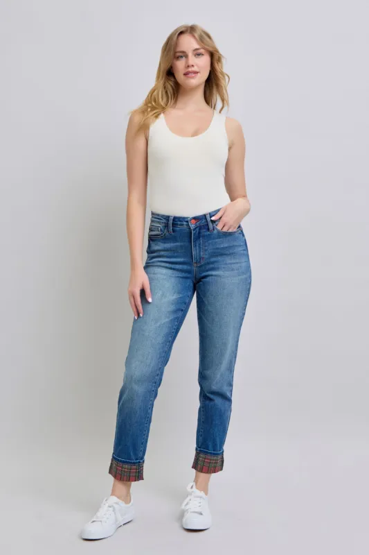 Judy Blue Full Size Plaid Print Cuff Straight Leg Jeans with Pockets sold by Charming Charlie