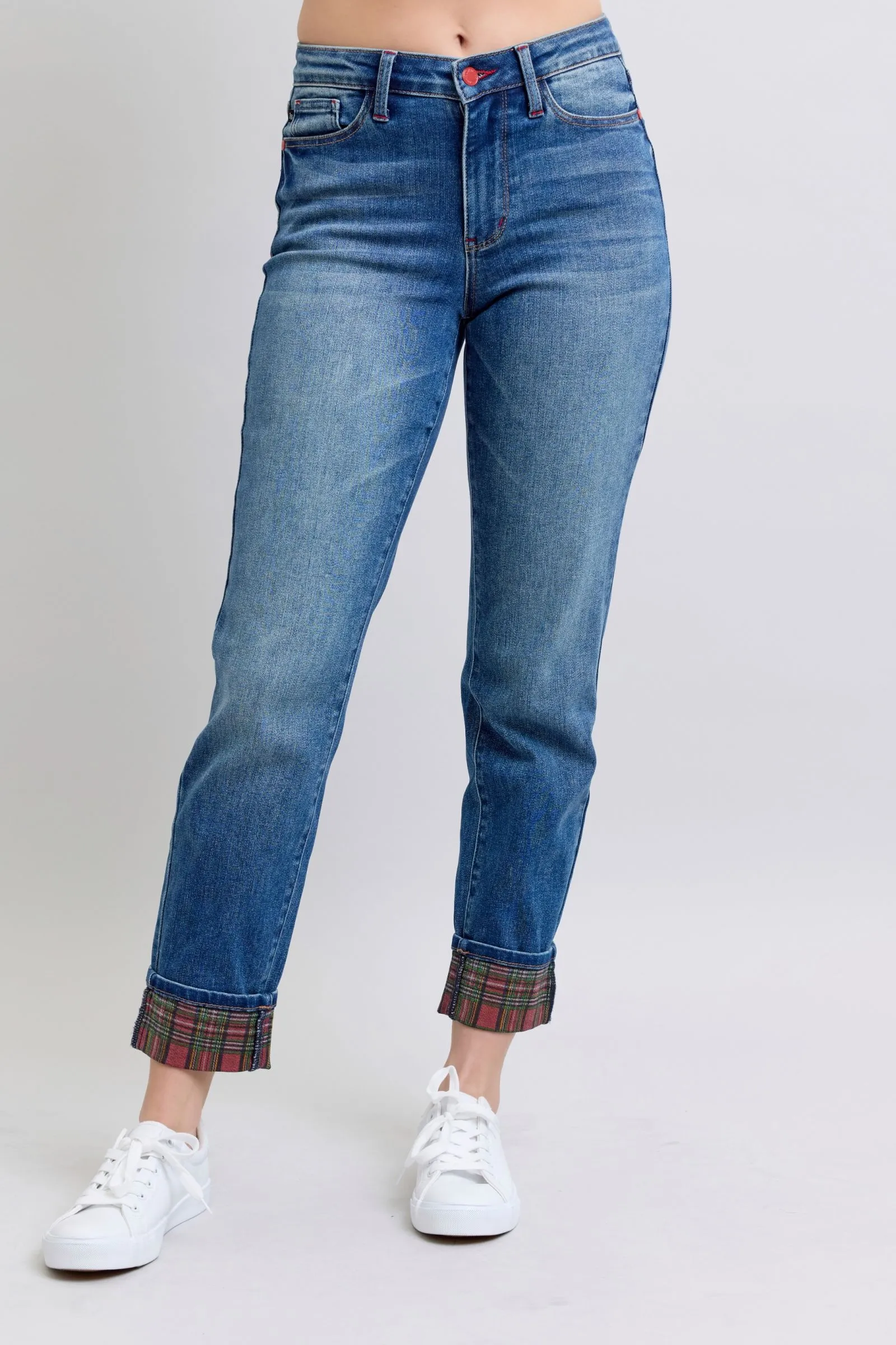 Judy Blue Full Size Plaid Print Cuff Straight Leg Jeans with Pockets sold by Charming Charlie product image thumbnail 2