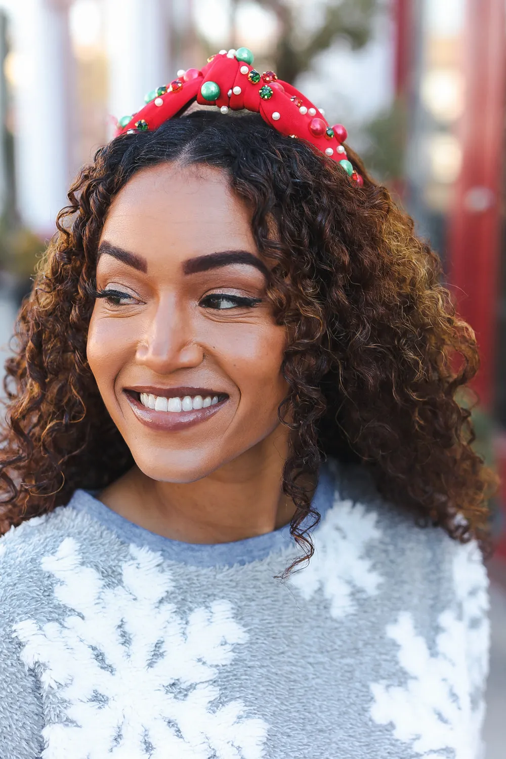 Red Faux Pearl & Jewels Top Knot Holiday Headband sold by Charming Charlie product image thumbnail 3
