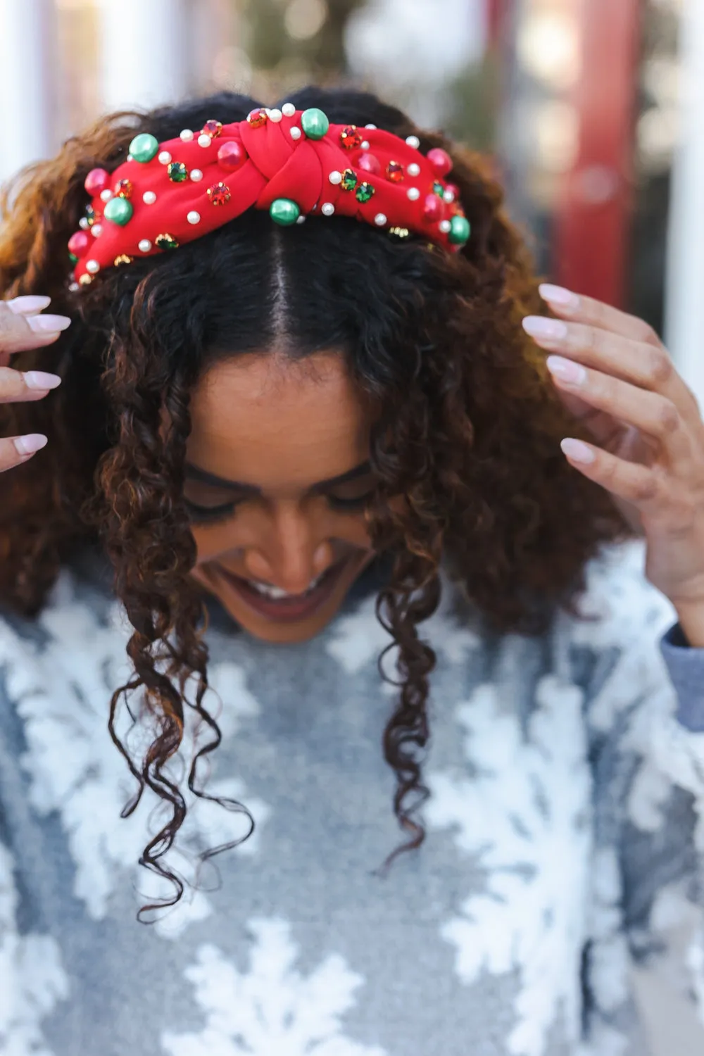 Red Faux Pearl & Jewels Top Knot Holiday Headband sold by Charming Charlie