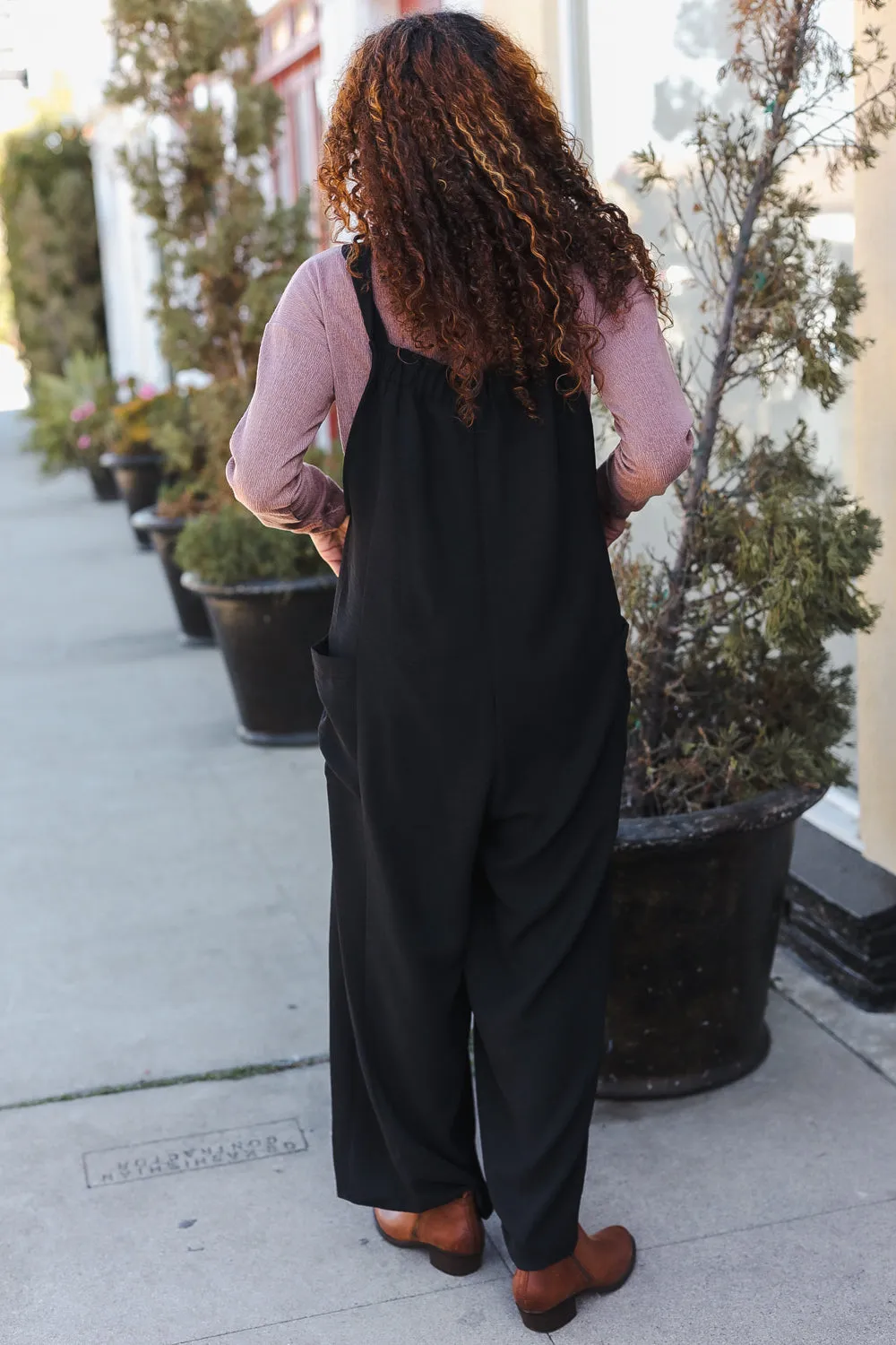 Feeing Joyful Black Wide Leg Adjustable Baggy Bib Jumpsuit sold by Charming Charlie product image thumbnail 3
