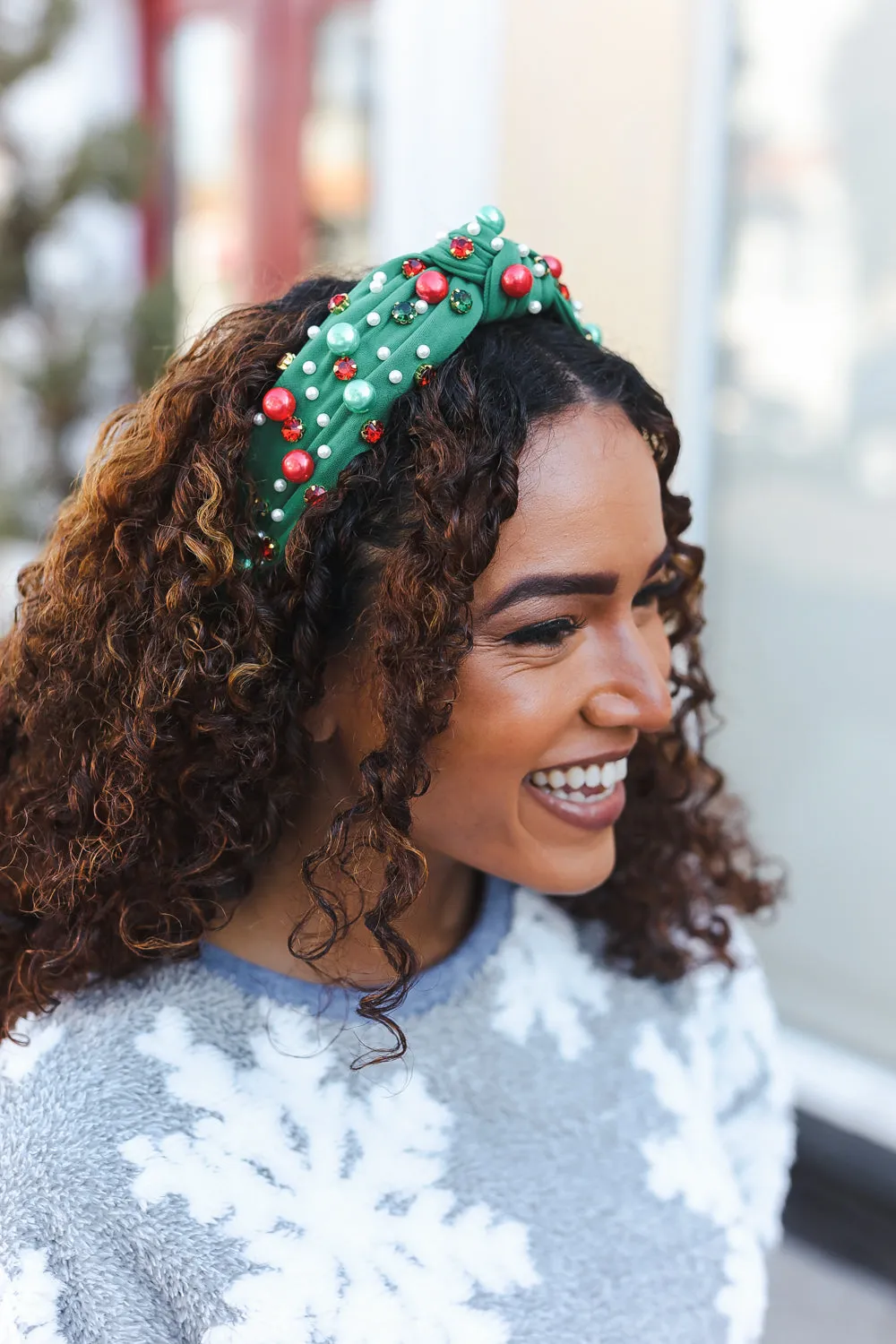 Green Faux Pearl & Jewels Top Knot Holiday Headband sold by Charming Charlie product image thumbnail 2