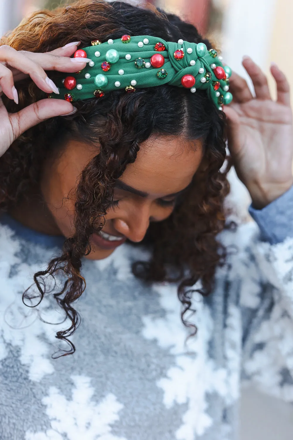 Green Faux Pearl & Jewels Top Knot Holiday Headband sold by Charming Charlie