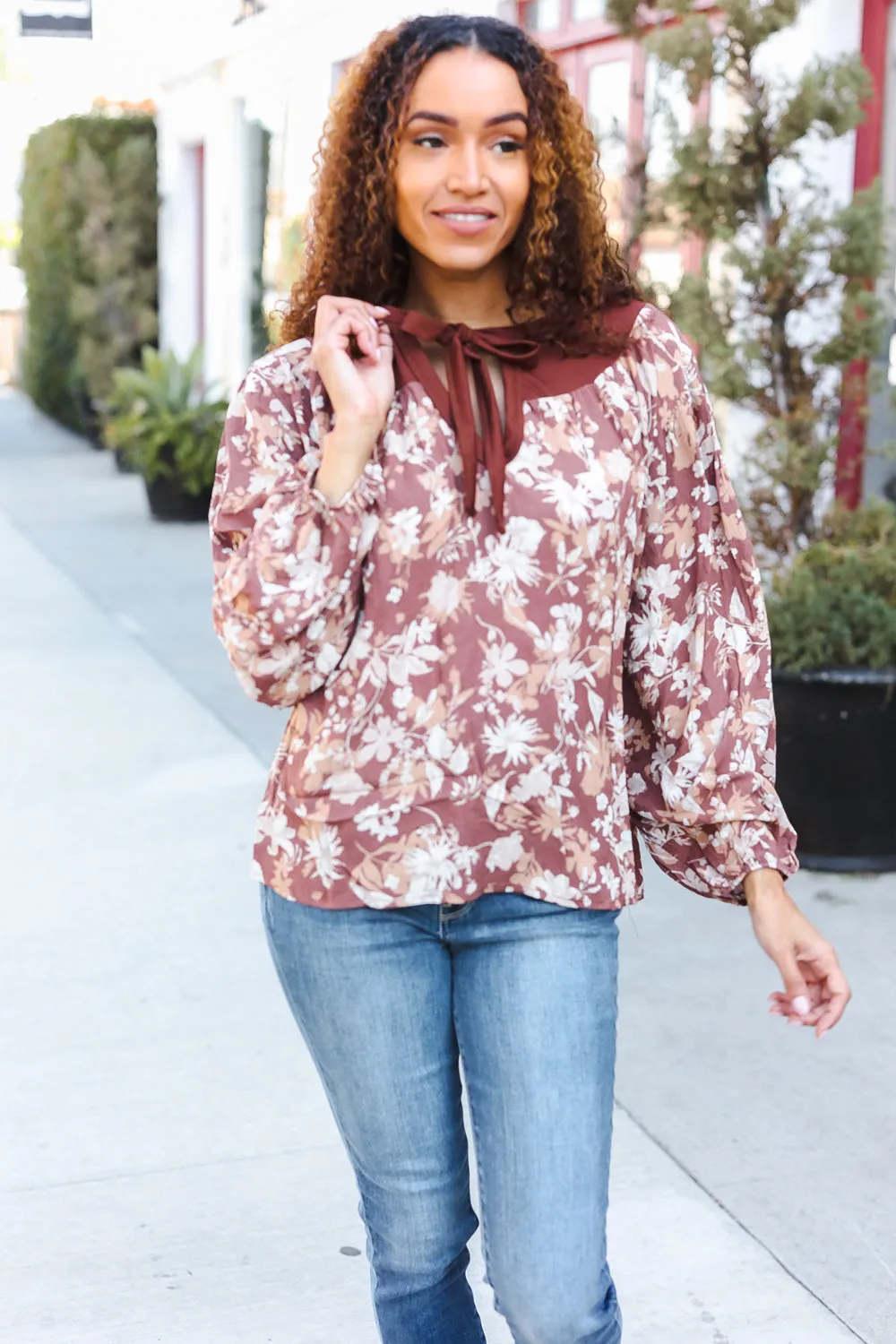 Spread Joy Taupe Floral Front Tie Elastic Long Sleeve Blouse sold by Charming Charlie product image thumbnail 5