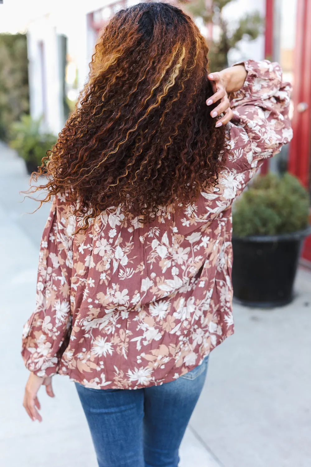 Spread Joy Taupe Floral Front Tie Elastic Long Sleeve Blouse sold by Charming Charlie product image thumbnail 2