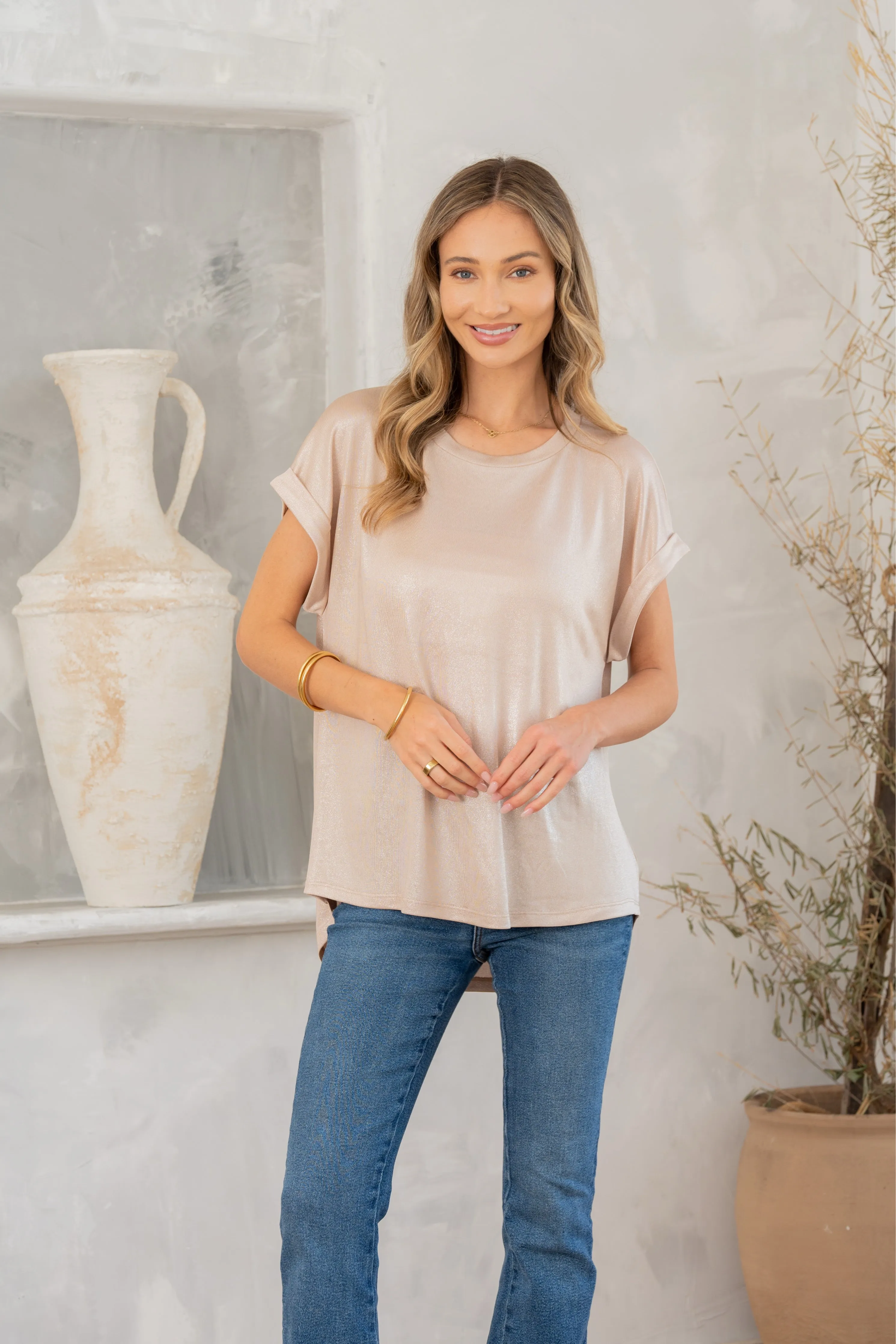 Shimmer Cuffed Top in Taupe sold by Charming Charlie