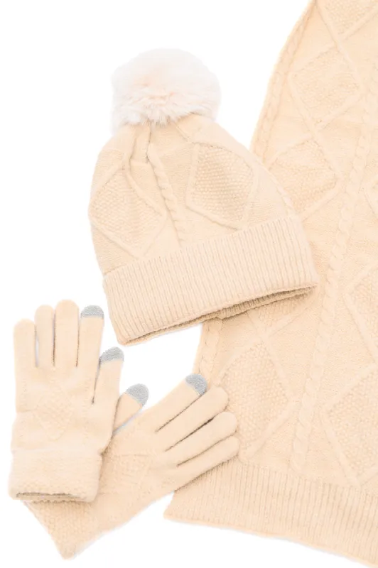 Jane Frost Beanie, Glove, and Scarf Set in Beige sold by Charming Charlie