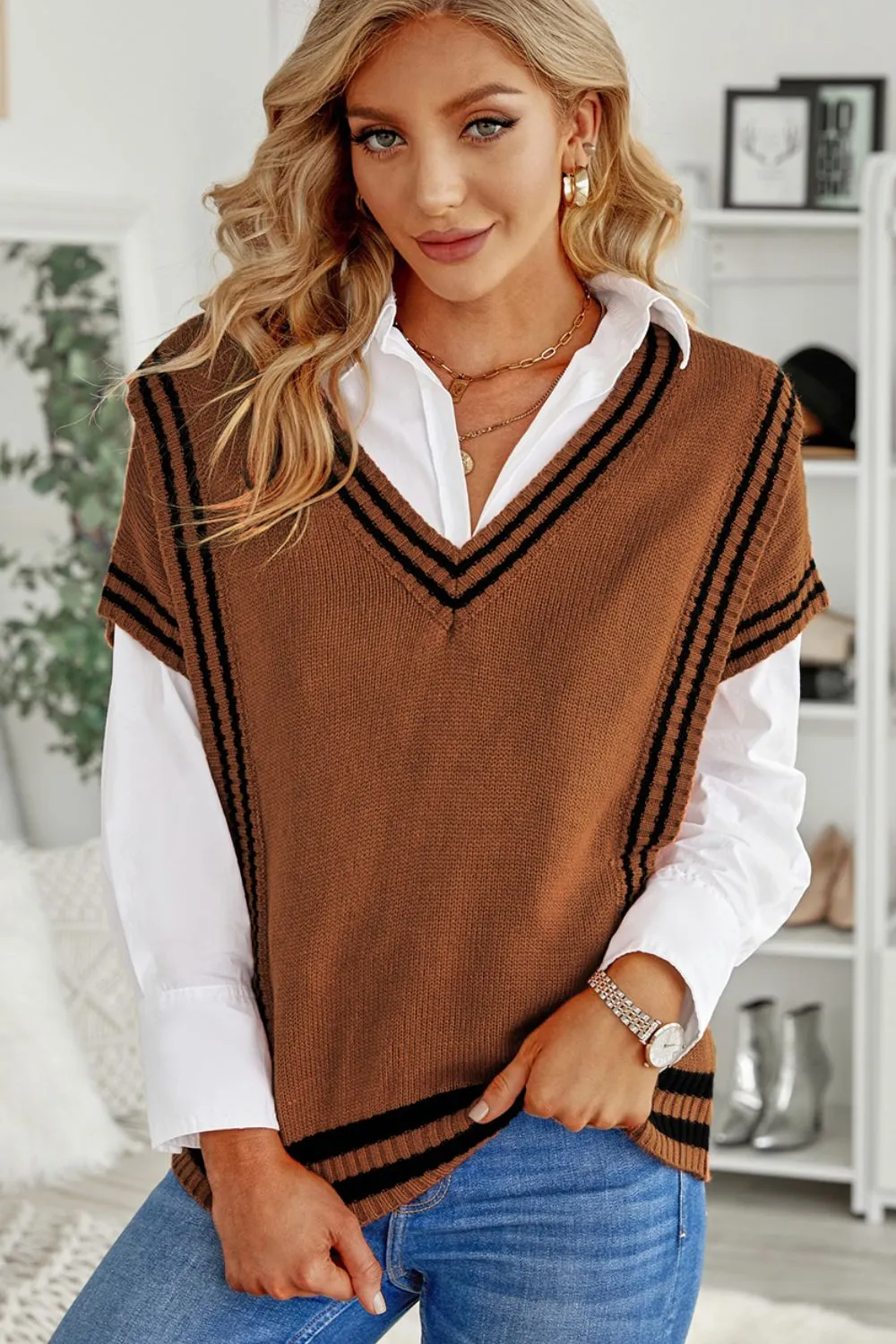 Striped Trim V-Neck Sweater Vest sold by Charming Charlie product image thumbnail 2