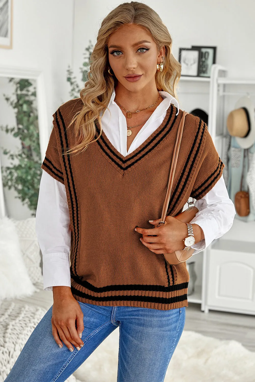 Striped Trim V-Neck Sweater Vest sold by Charming Charlie product image thumbnail 3