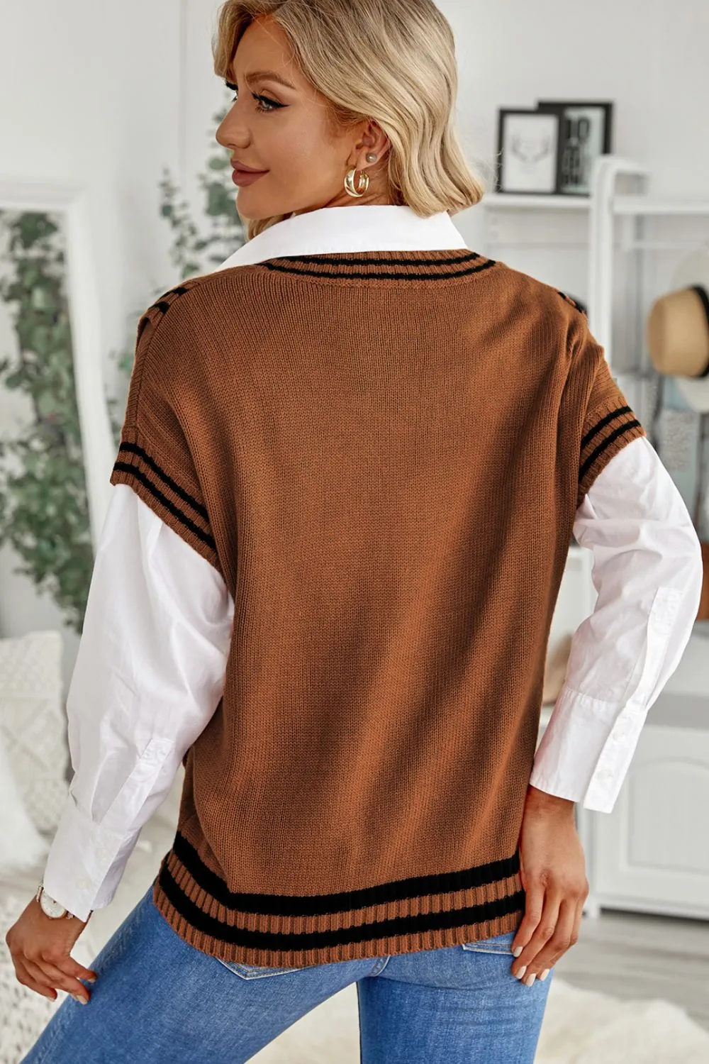 Striped Trim V-Neck Sweater Vest sold by Charming Charlie product image thumbnail 4