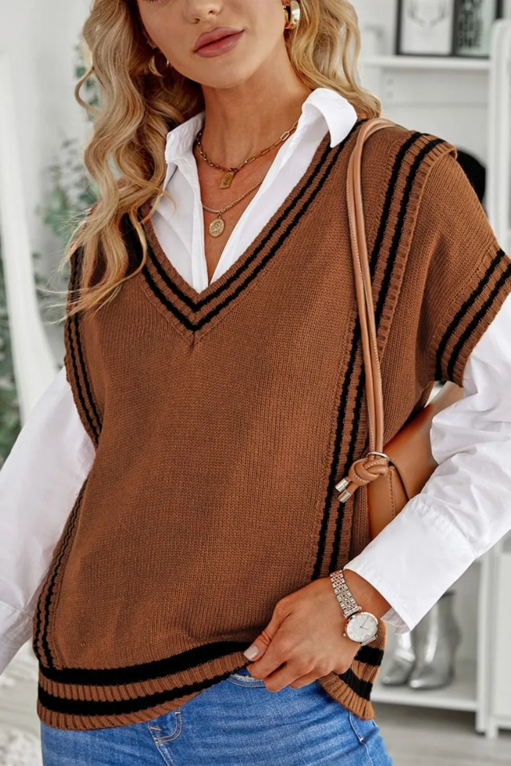 Striped Trim V-Neck Sweater Vest sold by Charming Charlie