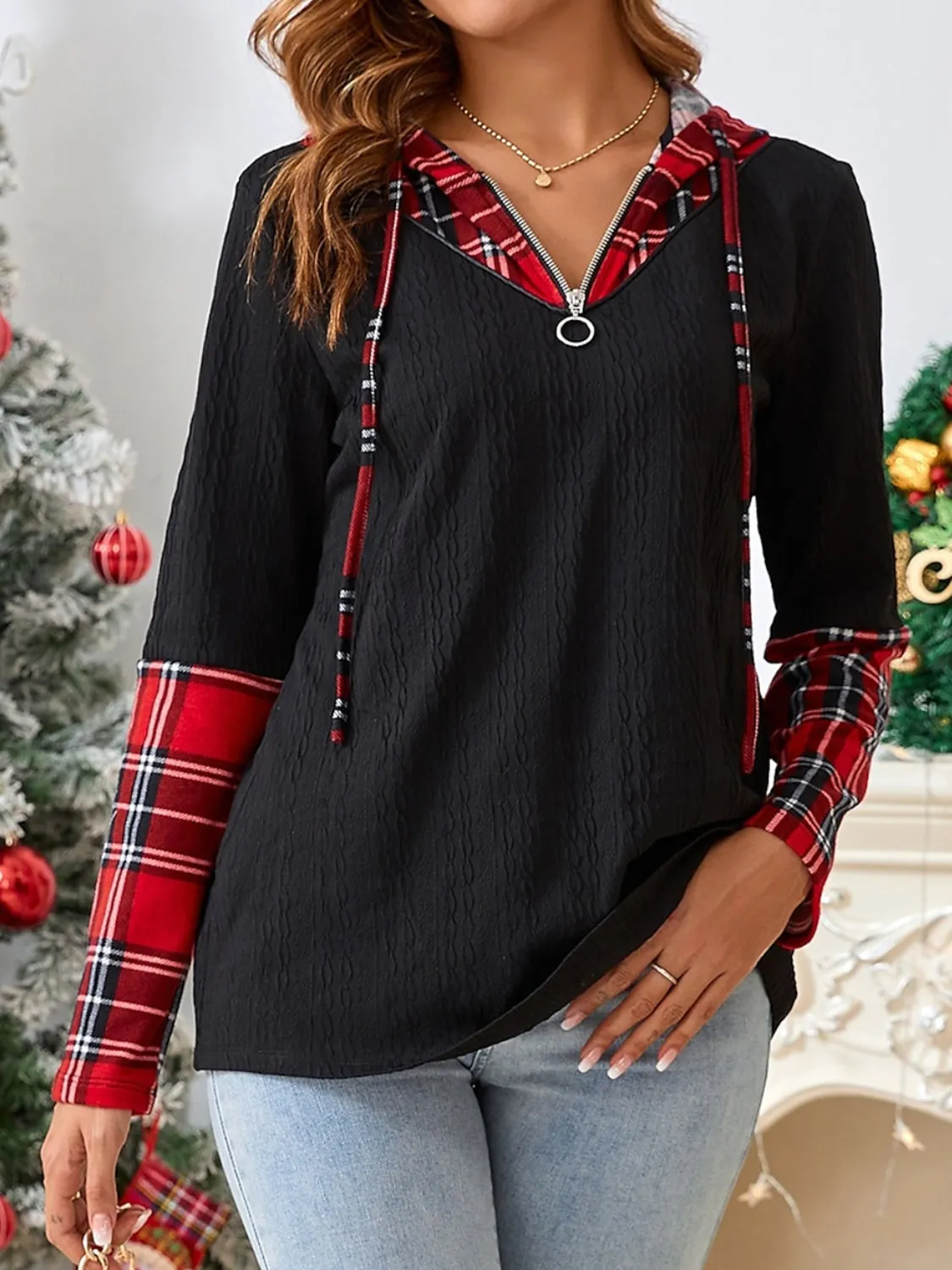 Plaid Quarter Zip Hooded T-Shirt sold by Charming Charlie product image thumbnail 4