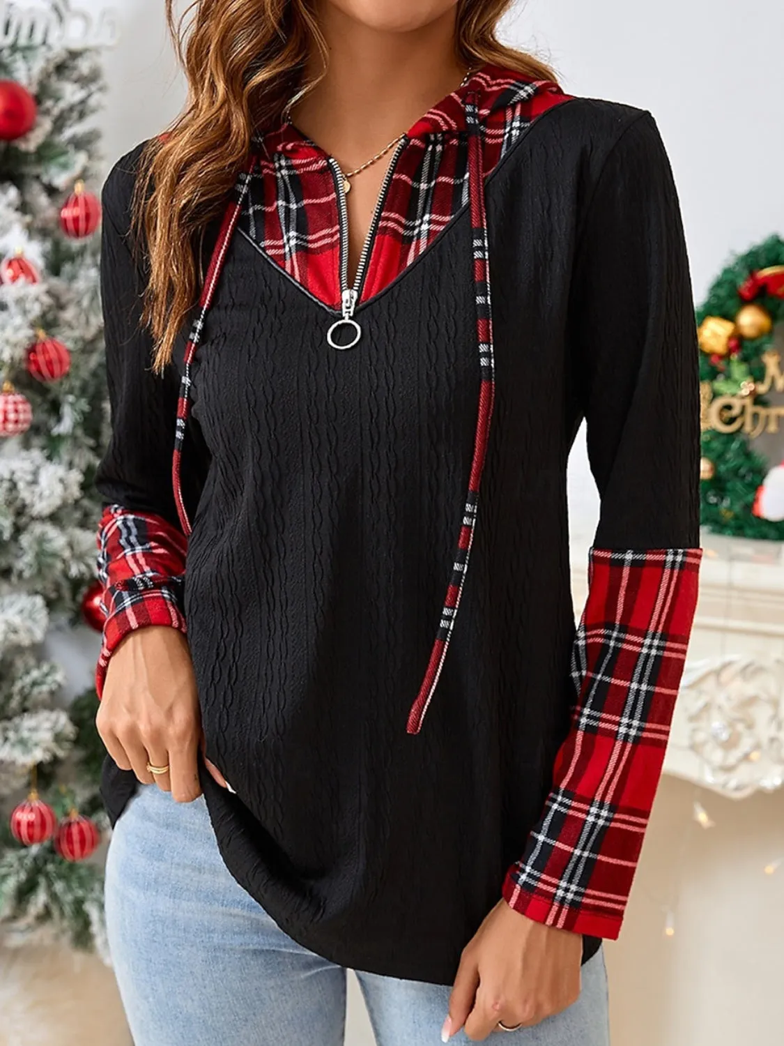 Plaid Quarter Zip Hooded T-Shirt sold by Charming Charlie