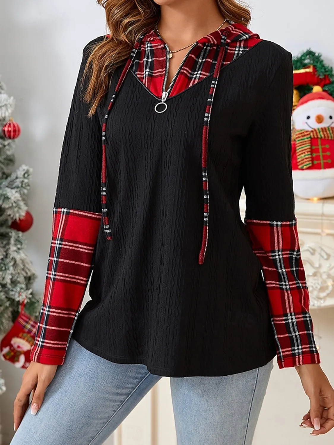 Plaid Quarter Zip Hooded T-Shirt sold by Charming Charlie product image thumbnail 3