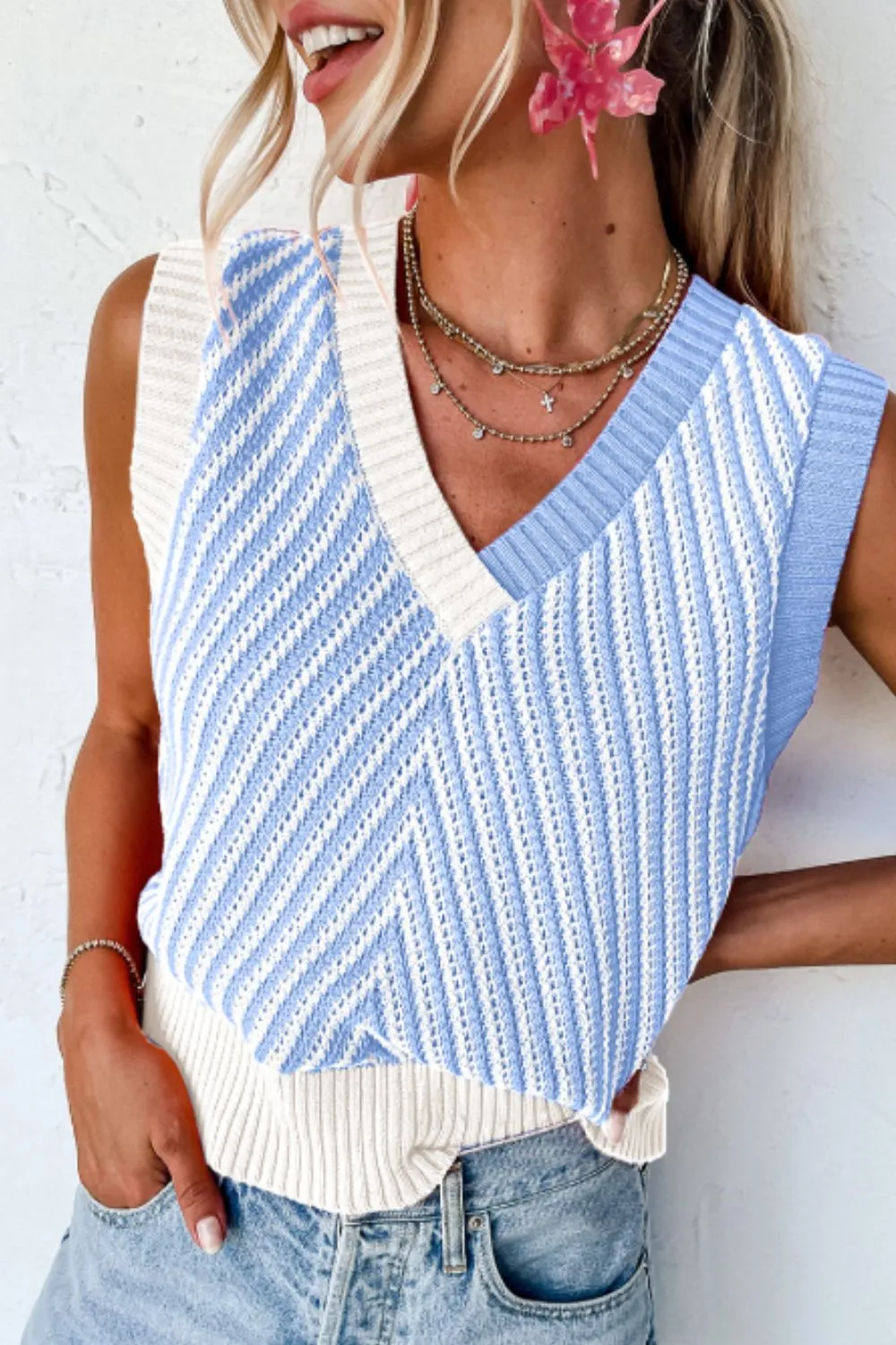 Striped Contrast V-Neck Sweater Vest sold by Charming Charlie