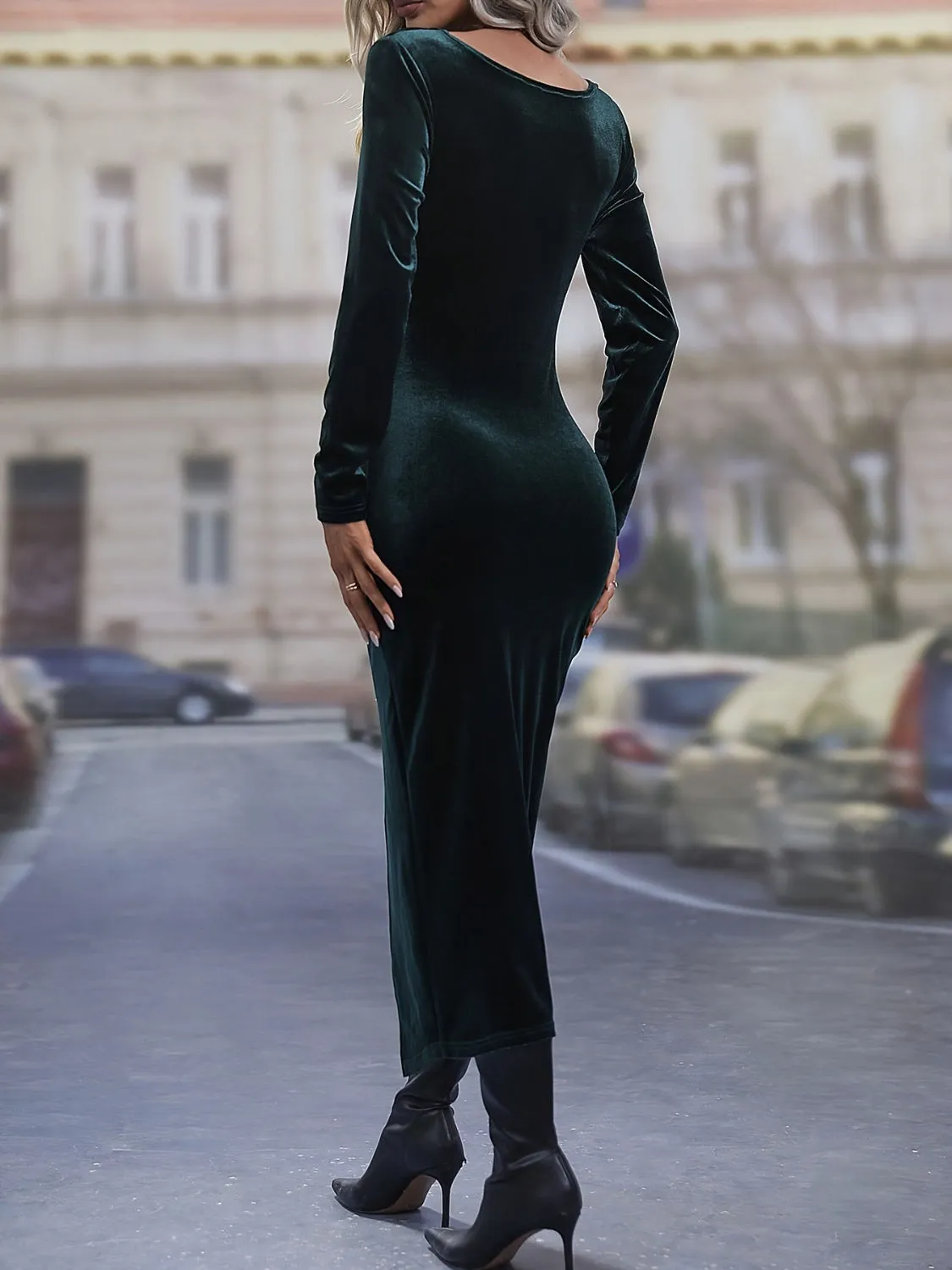 Ruched Slit Round Neck Long Sleeve Dress sold by Charming Charlie product image thumbnail 3
