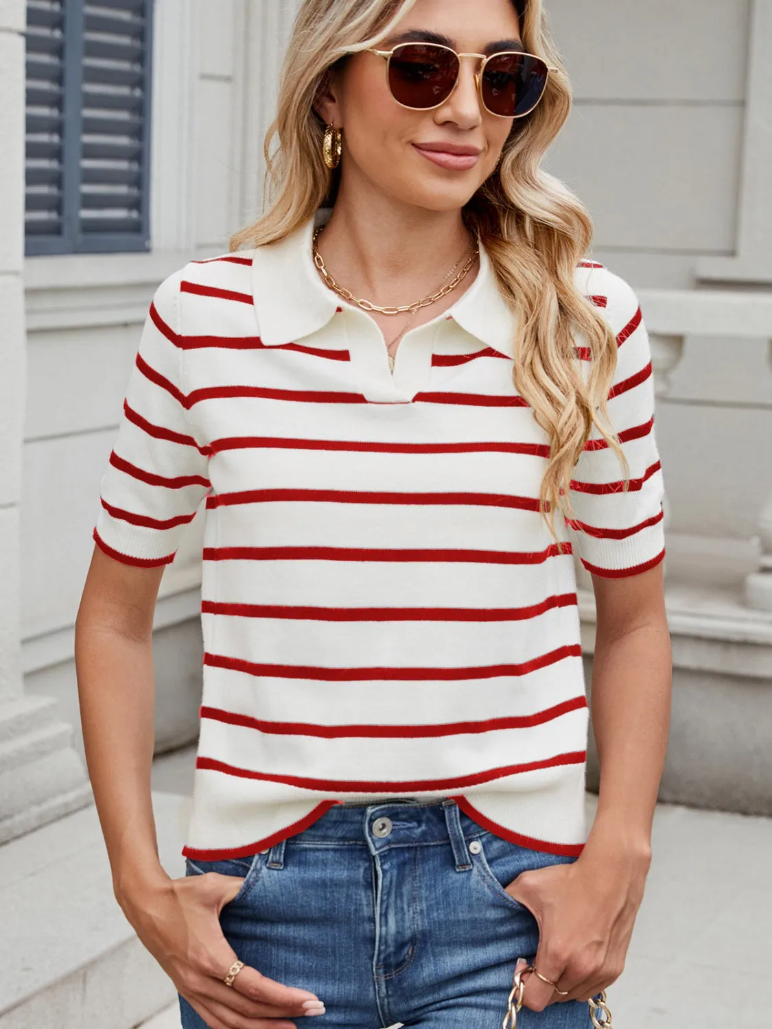 Striped Johnny Collar Short Sleeve Sweater sold by Charming Charlie product image thumbnail 2