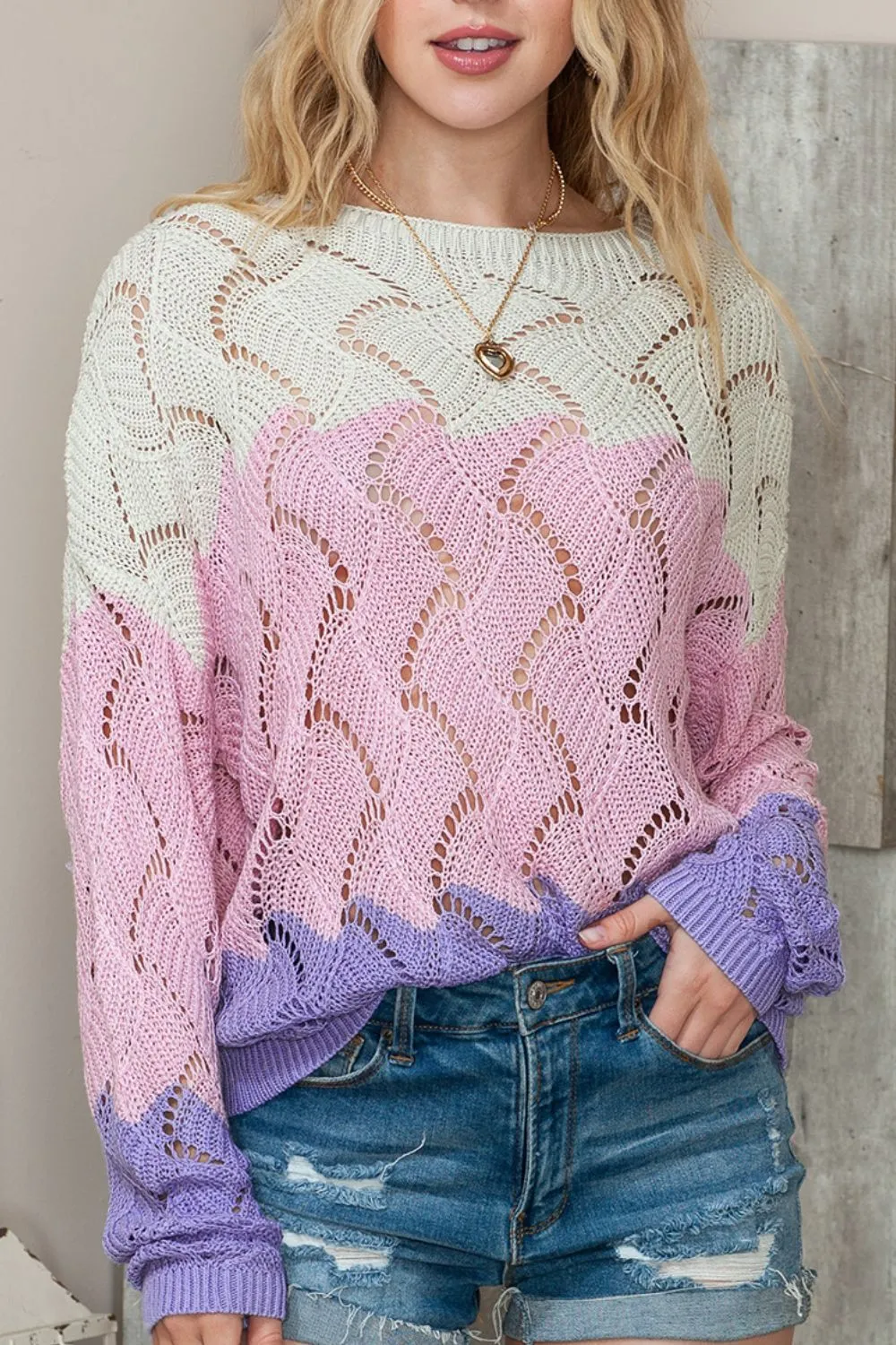 Color Block Hollow Boat Neck Sweater sold by Charming Charlie
