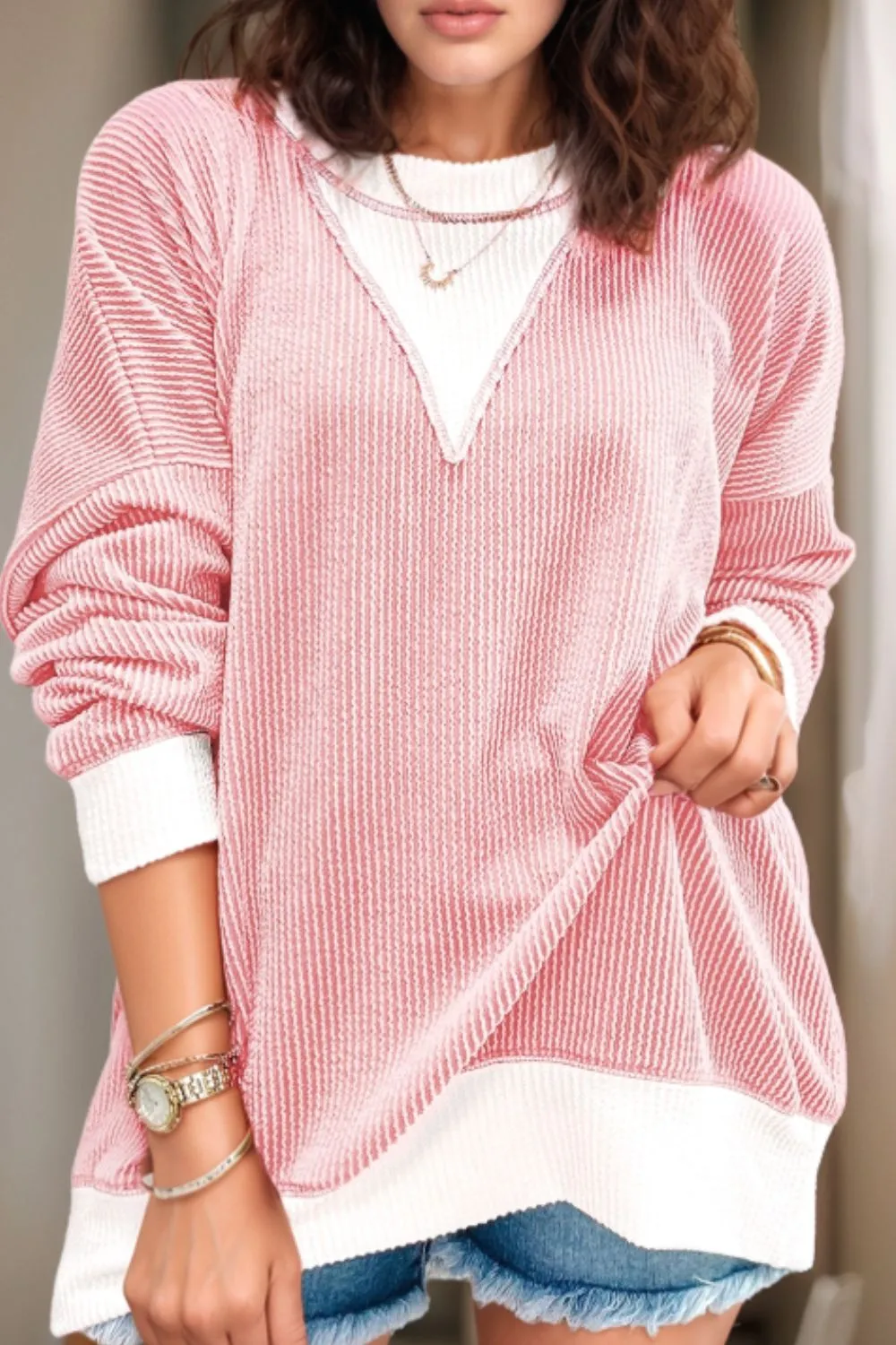 Contrast Round Neck Long Sleeve Sweatshirt sold by Charming Charlie