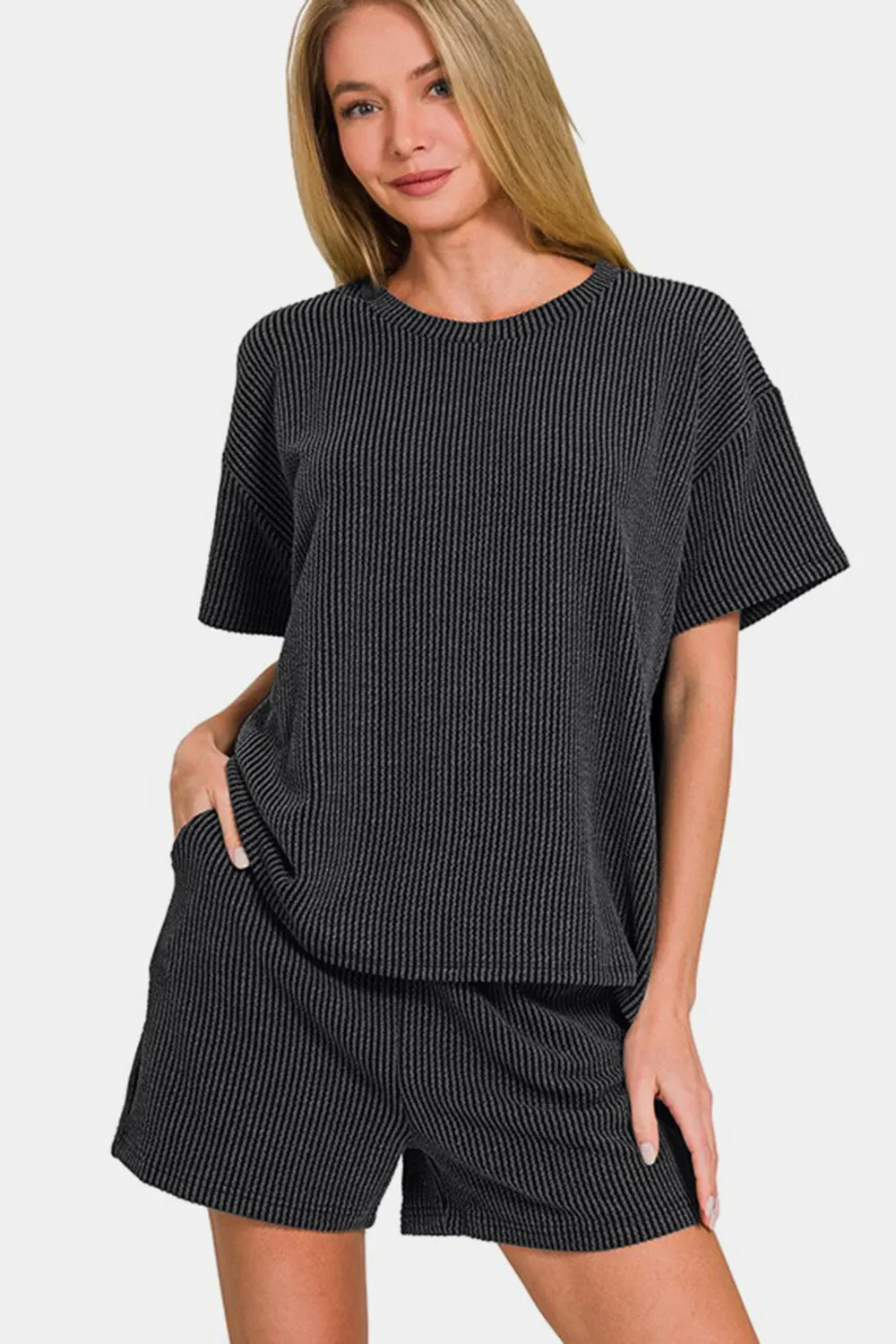 Zenana Rib Short Sleeve T-Shirt and Shorts Set sold by Charming Charlie product image thumbnail 3