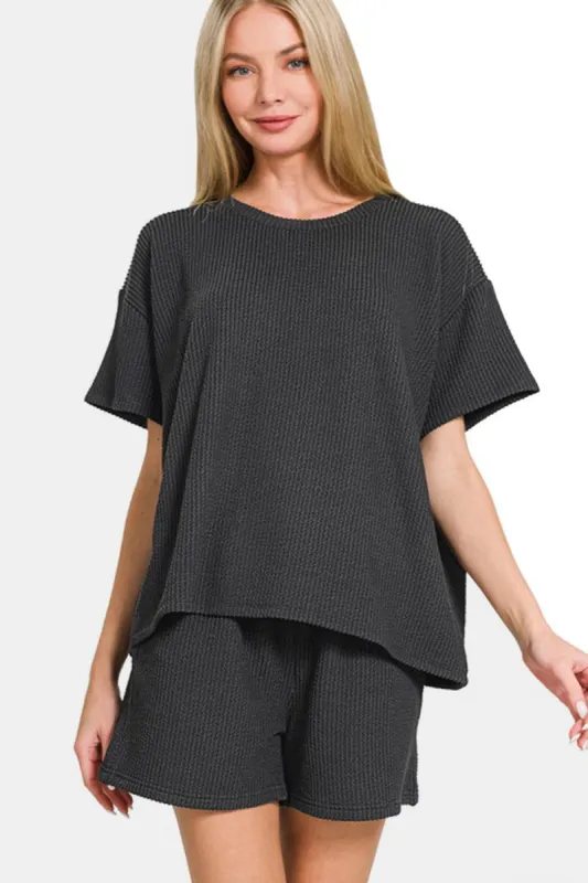 Zenana Rib Short Sleeve T-Shirt and Shorts Set sold by Charming Charlie