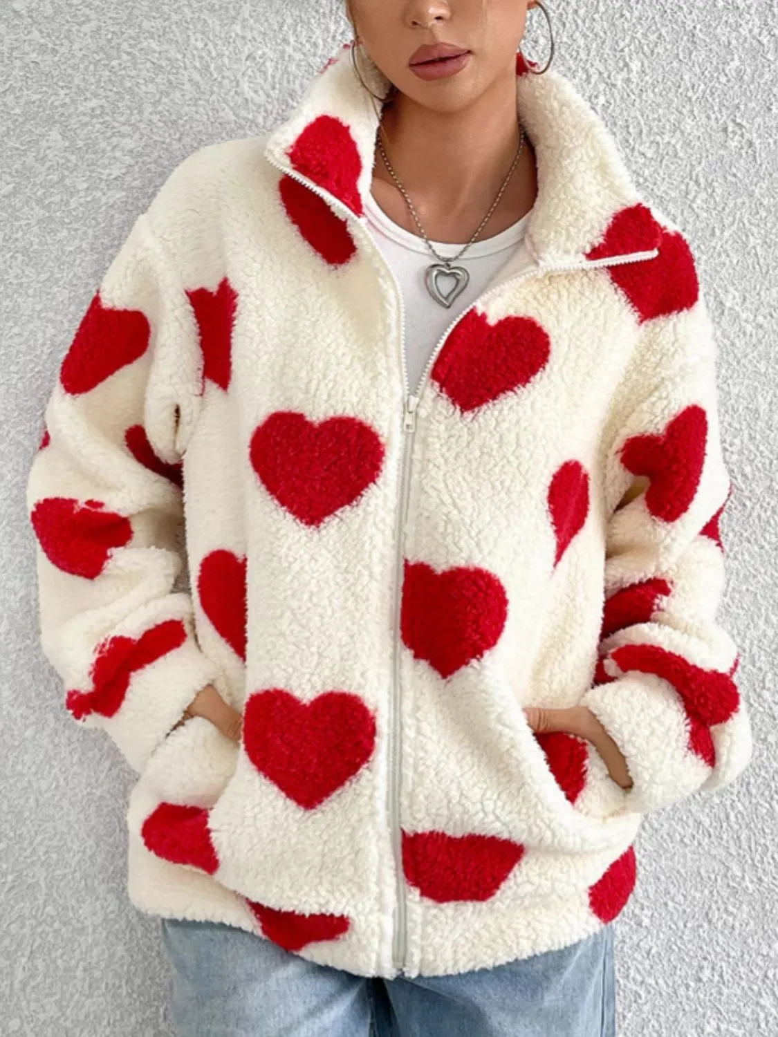 Heart Zip Up Drop Shoulder Furry Jacket sold by Charming Charlie product image thumbnail 4