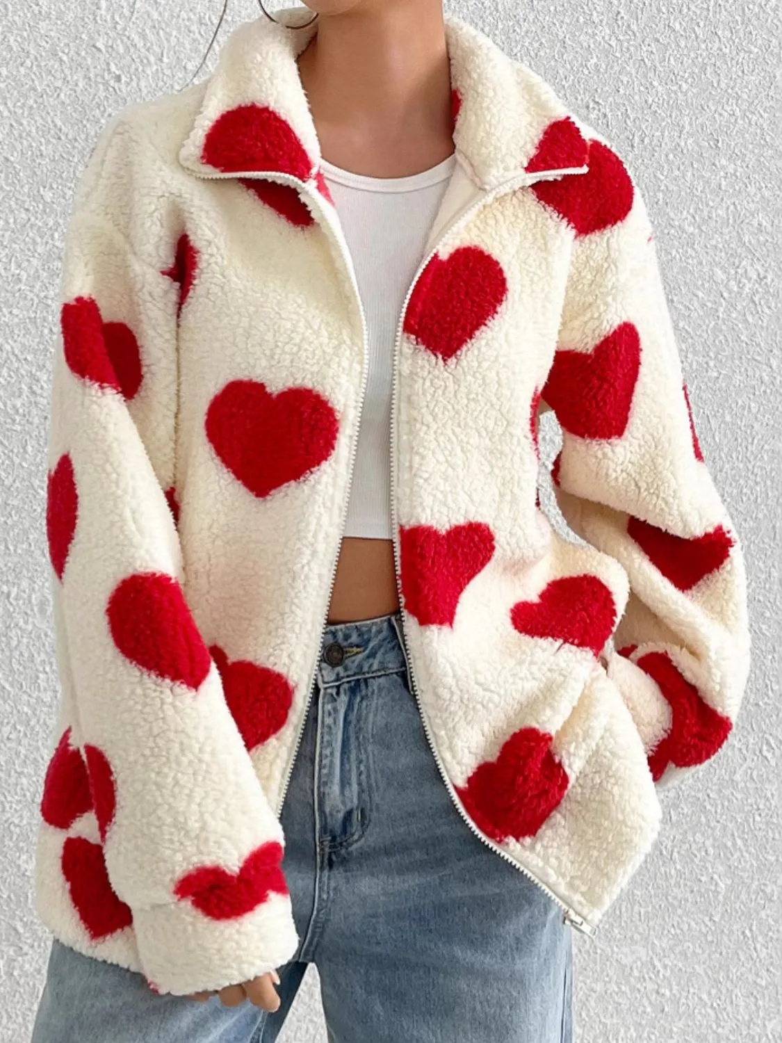 Heart Zip Up Drop Shoulder Furry Jacket sold by Charming Charlie