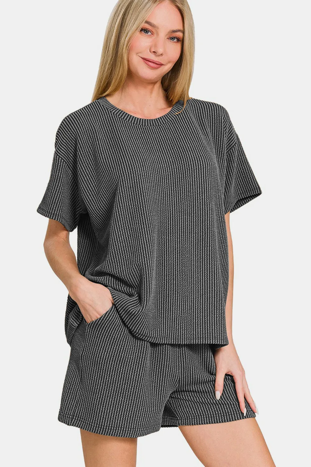 Zenana Rib Short Sleeve T-Shirt and Shorts Set sold by Charming Charlie product image thumbnail 3