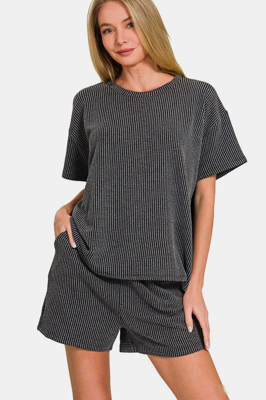 Zenana Rib Short Sleeve T-Shirt and Shorts Set sold by Charming Charlie