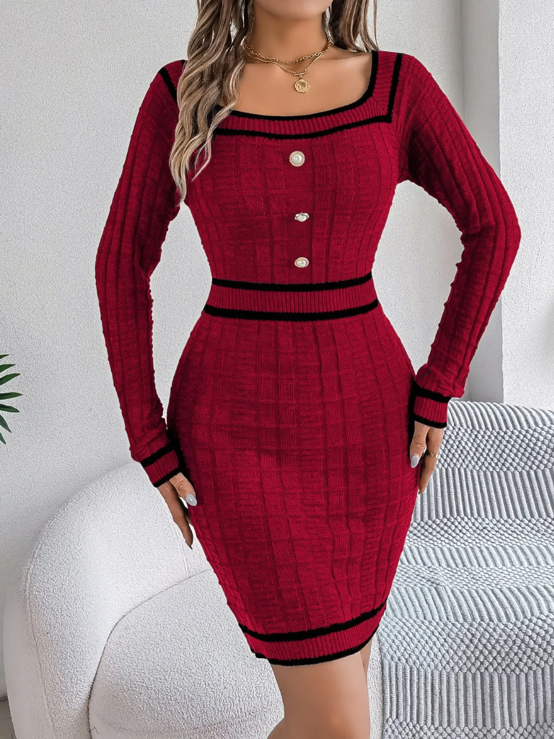 Contrast Trim Long Sleeve Sweater Dress sold by Charming Charlie product image thumbnail 2