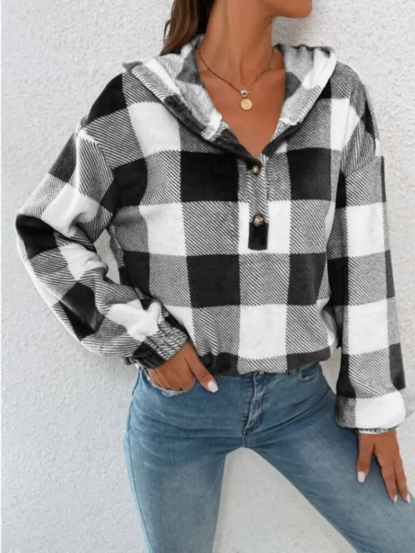 Plaid Half Button Long Sleeve Hoodie sold by Charming Charlie