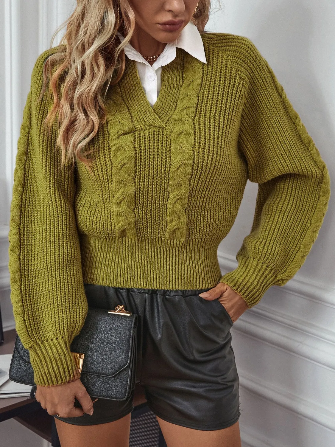 Cable-Knit Collared Neck Faux Layered Sweater sold by Charming Charlie product image thumbnail 2