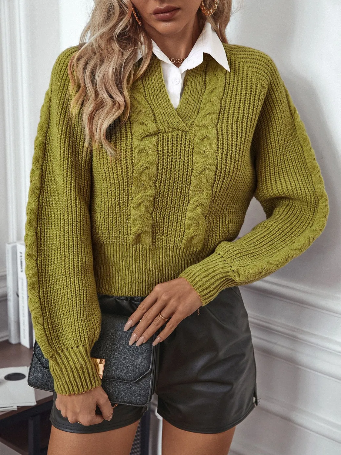 Cable-Knit Collared Neck Faux Layered Sweater sold by Charming Charlie product image thumbnail 3
