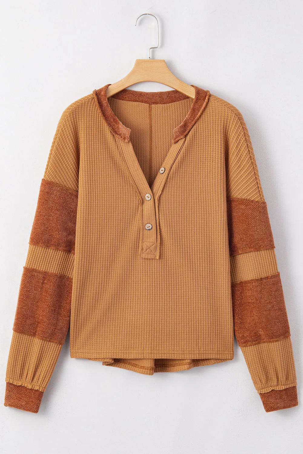 Contrast Patched Exposed Seam Waffle Knit Henley Top sold by Charming Charlie product image thumbnail 4