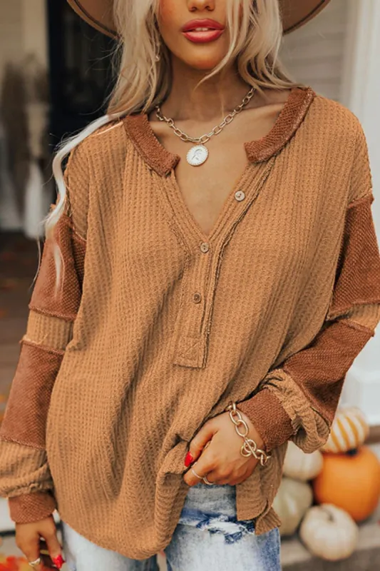Contrast Patched Exposed Seam Waffle Knit Henley Top sold by Charming Charlie