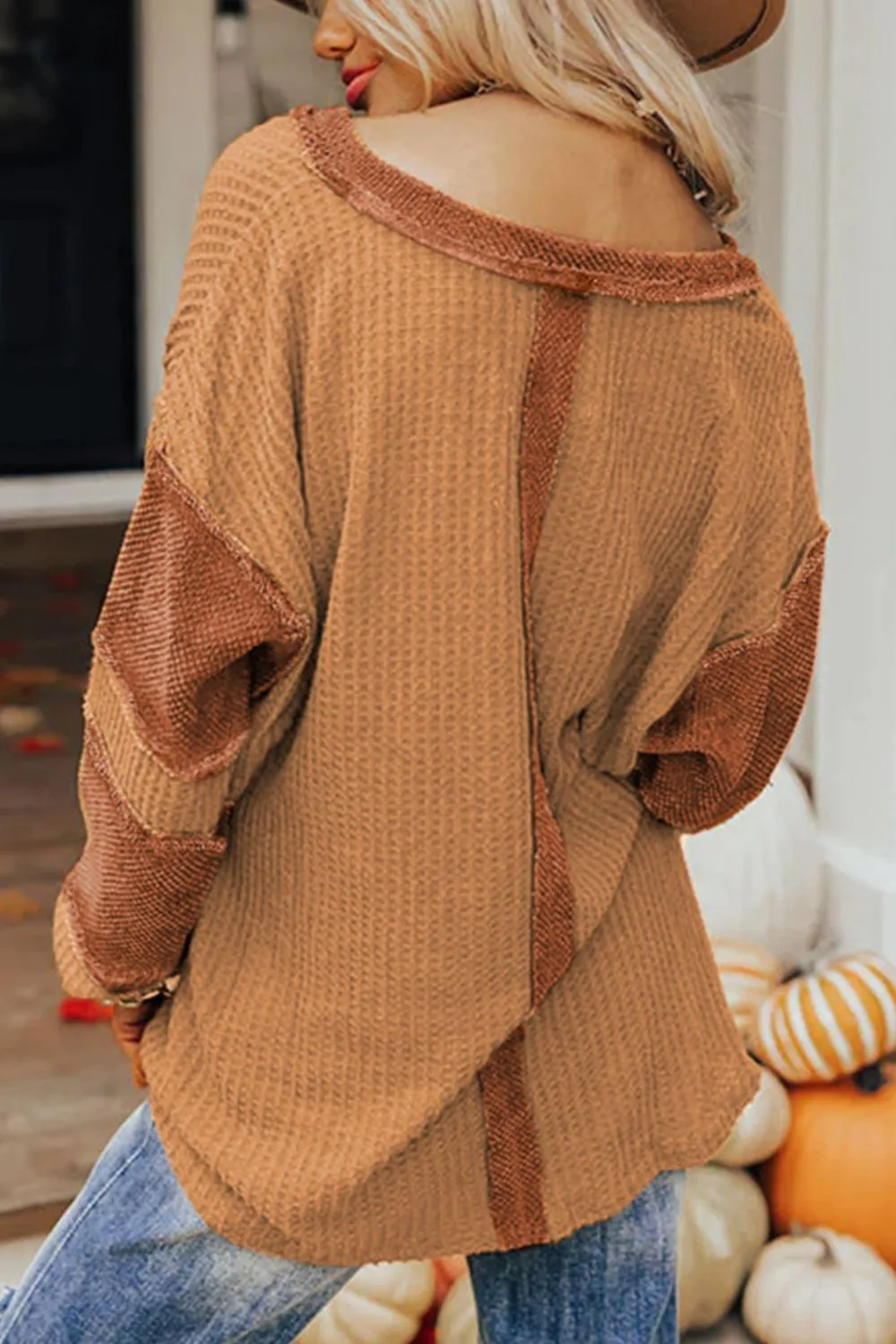 Contrast Patched Exposed Seam Waffle Knit Henley Top sold by Charming Charlie product image thumbnail 3