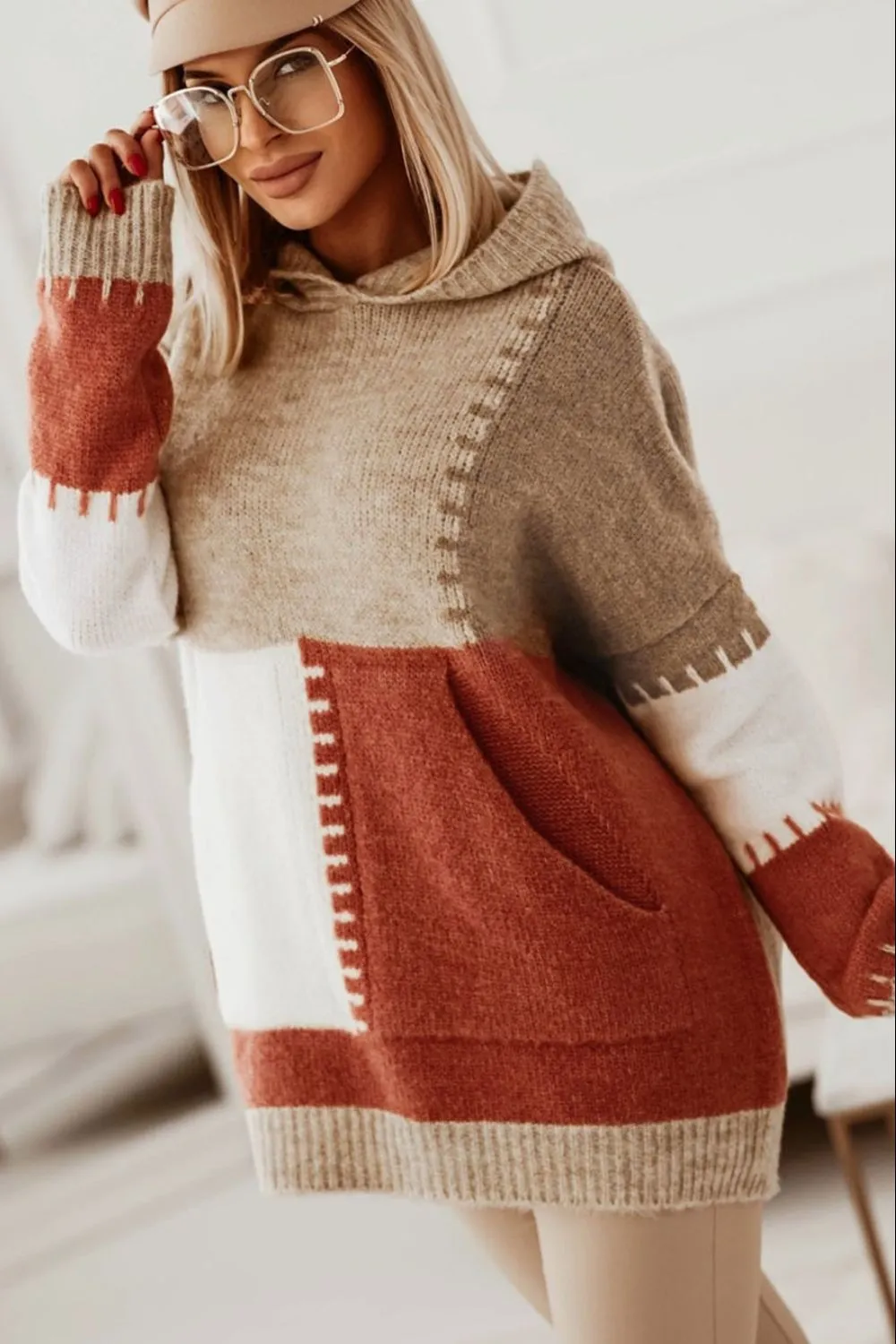 Color Block Kangaroo Pocket Hooded Sweater sold by Charming Charlie product image thumbnail 2