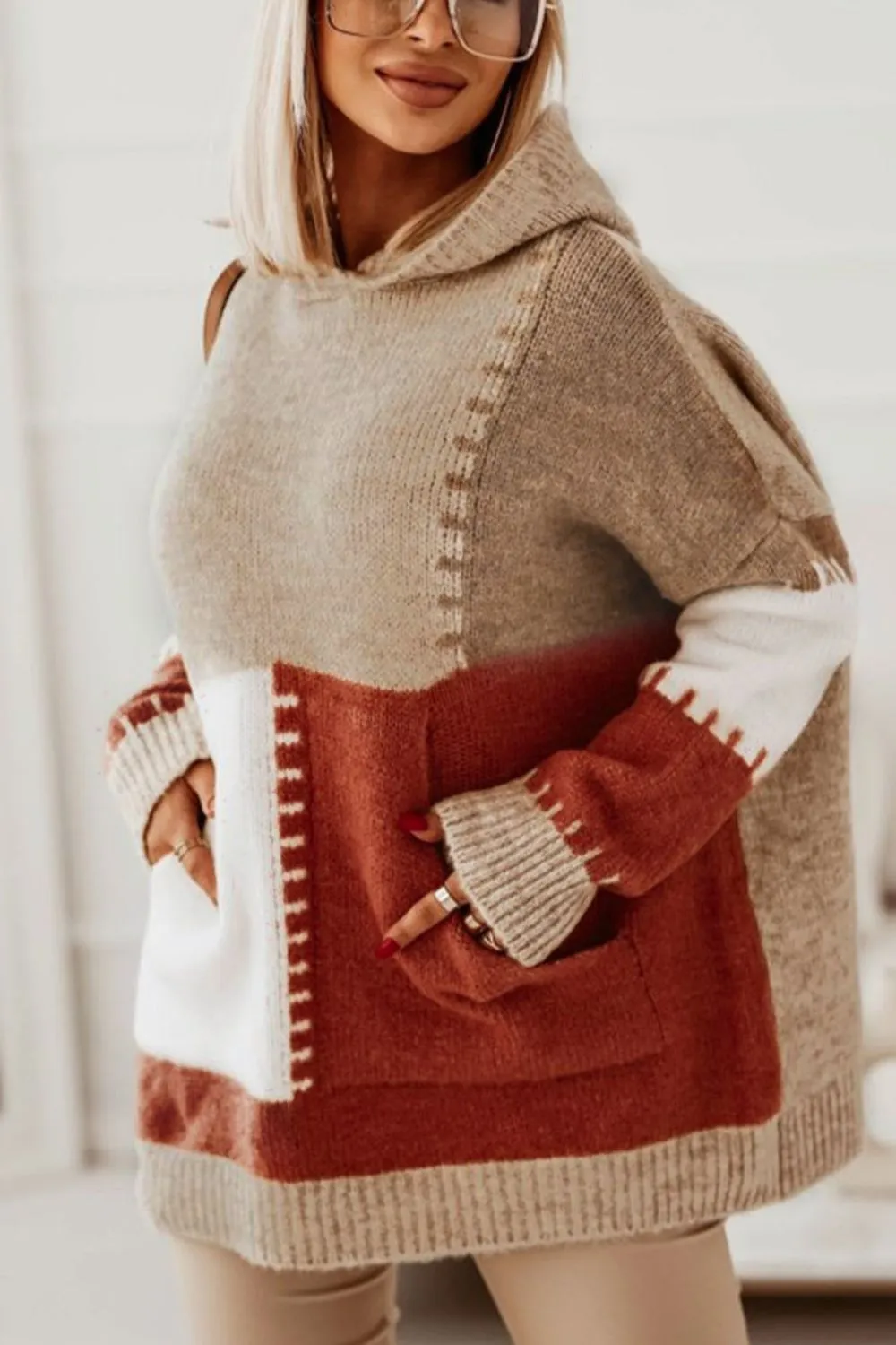 Color Block Kangaroo Pocket Hooded Sweater sold by Charming Charlie product image thumbnail 4