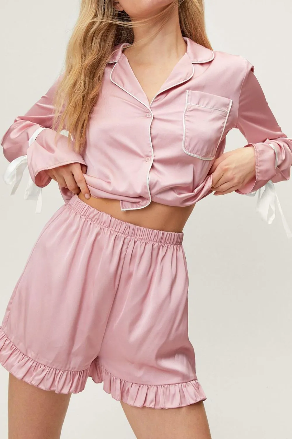 Basic Bae Tied Cuff Collared Neck Top and Frill Shorts Lounge Set sold by Charming Charlie product image thumbnail 4