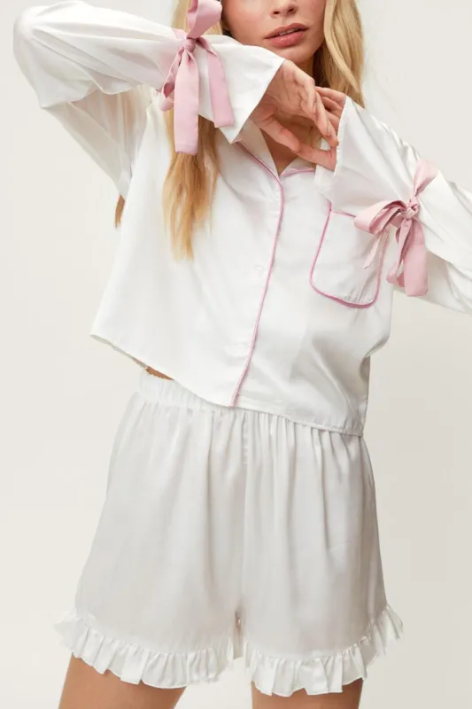 Basic Bae Tied Cuff Collared Neck Top and Frill Shorts Lounge Set sold by Charming Charlie