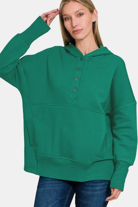Zenana Half Snap Long Sleeve Hoodie with Kangaroo Pocket sold by Charming Charlie