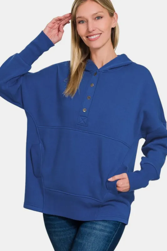 Zenana Half Snap Long Sleeve Hoodie with Kangaroo Pocket sold by Charming Charlie