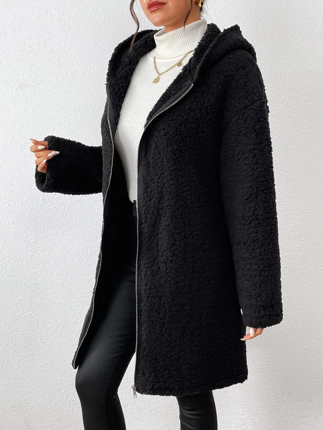 Zip Up Long Sleeve Sherpa Hooded Coat sold by Charming Charlie product image thumbnail 3