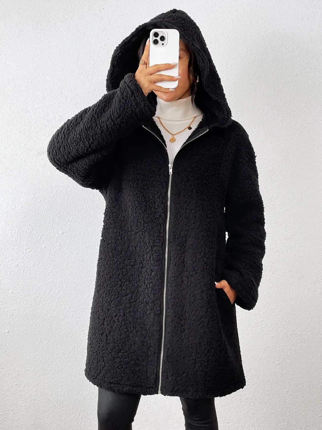 Zip Up Long Sleeve Sherpa Hooded Coat sold by Charming Charlie product image thumbnail 4