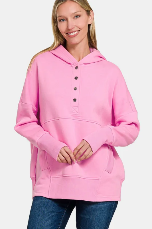 Zenana Half Snap Long Sleeve Hoodie with Kangaroo Pocket sold by Charming Charlie